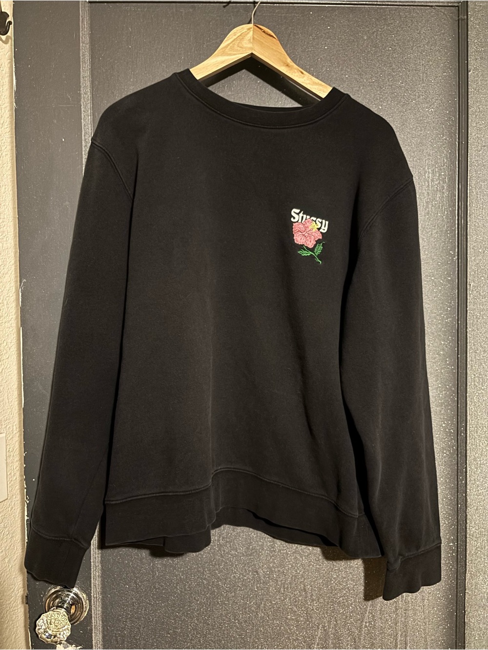 Stussy Black Crewneck with Pink Rose Chest Graphic